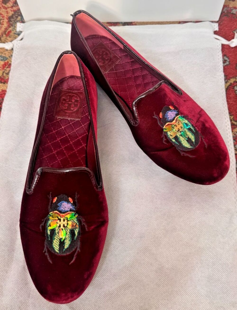 Tory Burch Burgundy Easton embroidered Velvet Beetle Loafers US 9.5 - Picture 15 of 16